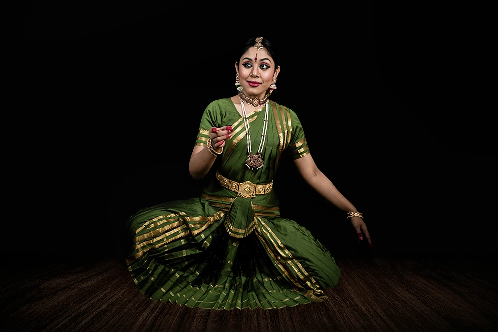 Red, Gold, and White Bharatanatyam Costume | Pranavam School Of Dance
